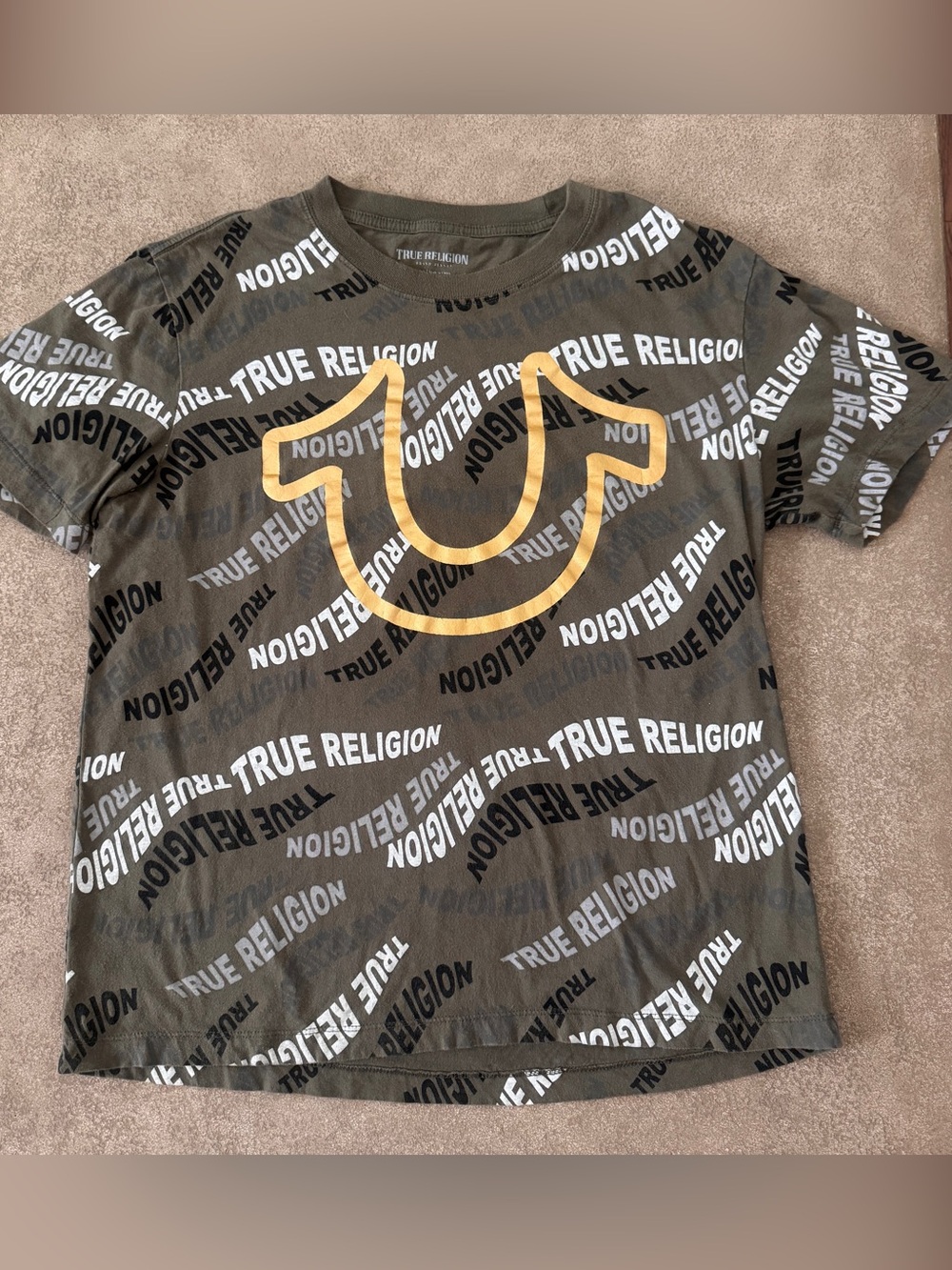 True Religion Mens Large Logo Graphic T Shirt Olive Green Gold Horseshoe Cotton